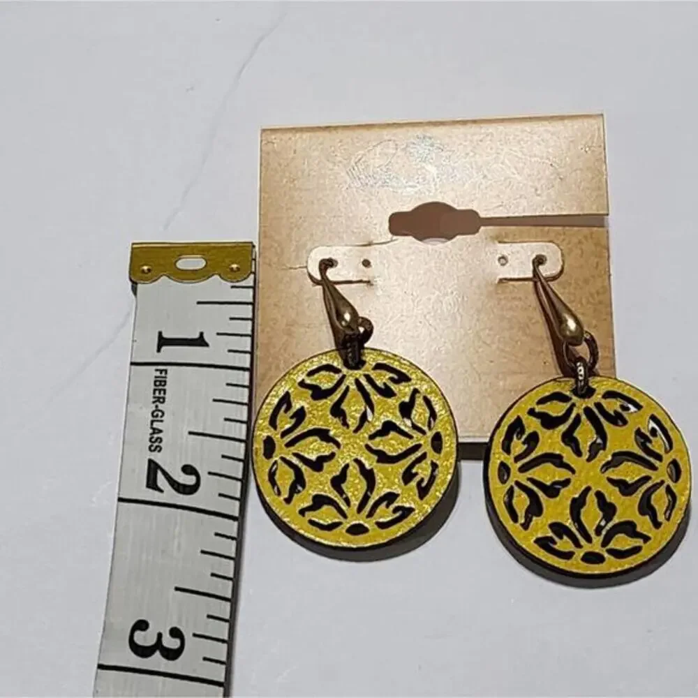 Patricia Nash Yellow Leather Laser Cut Floral Filigree Round Drop‎ Earrings
